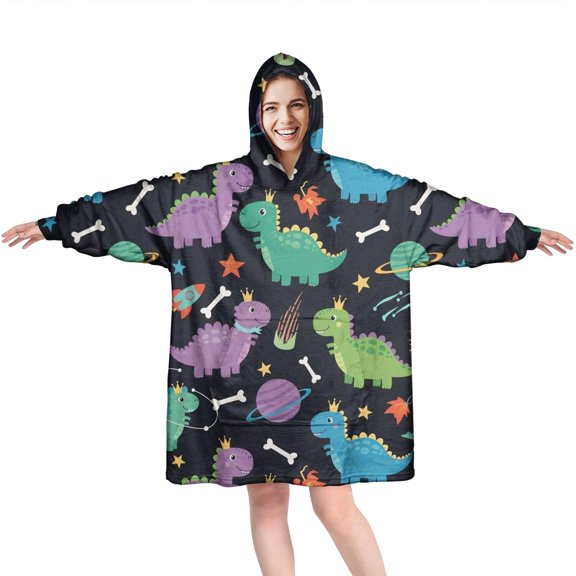 Wearable Oversized Blanket,Space Dinosaur with Crown Pattern Wearable Blanket Hoodie for Adults,Cozy Hooded Blankets with Super Pockets,Super Warm Fuzzy Pullover for Women & Men