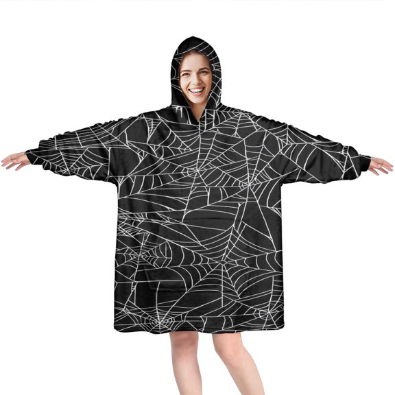 Wearable Oversized Blanket,Spider Web Halloween Pattern Wearable Blanket Hoodie for Adults,Cozy Hooded Blankets with Super Pockets,Super Warm Fuzzy Pullover for Women & Men