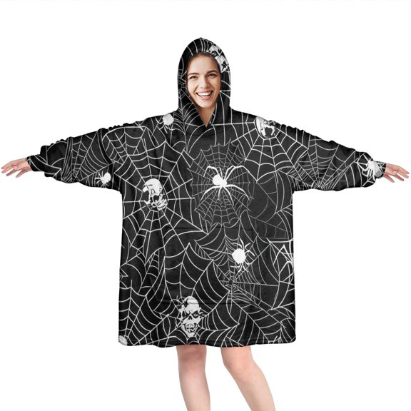 Wearable Oversized Blanket,Spider Web and Skulls Halloween Pattern Wearable Blanket Hoodie for Adults,Cozy Hooded Blankets with Super Pockets,Super Warm Fuzzy Pullover for Women & Men