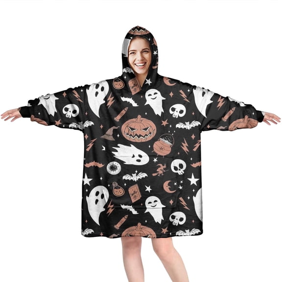 Wearable Oversized Blanket,Spooky Halloween Icons Pattern Wearable Blanket Hoodie for Adults,Cozy Hooded Blankets with Super Pockets,Super Warm Fuzzy Pullover for Women & Men