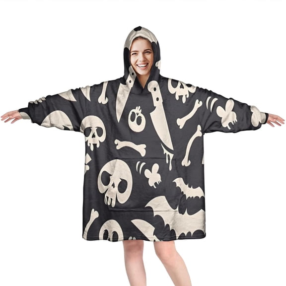 Wearable Oversized Blanket,Spooky Halloween Icons Pattern Wearable Blanket Hoodie for Adults,Cozy Hooded Blankets with Super Pockets,Super Warm Fuzzy Pullover for Women & Men