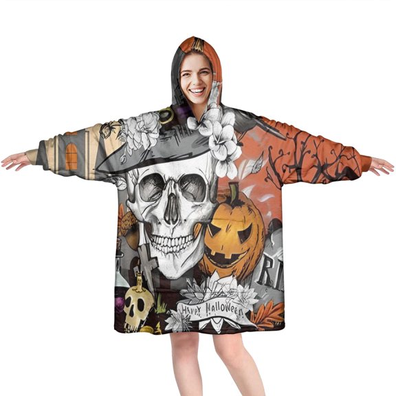 Wearable Oversized Blanket,Spooky Halloween Scene Pattern Wearable Blanket Hoodie for Adults,Cozy Hooded Blankets with Super Pockets,Super Warm Fuzzy Pullover for Women & Men