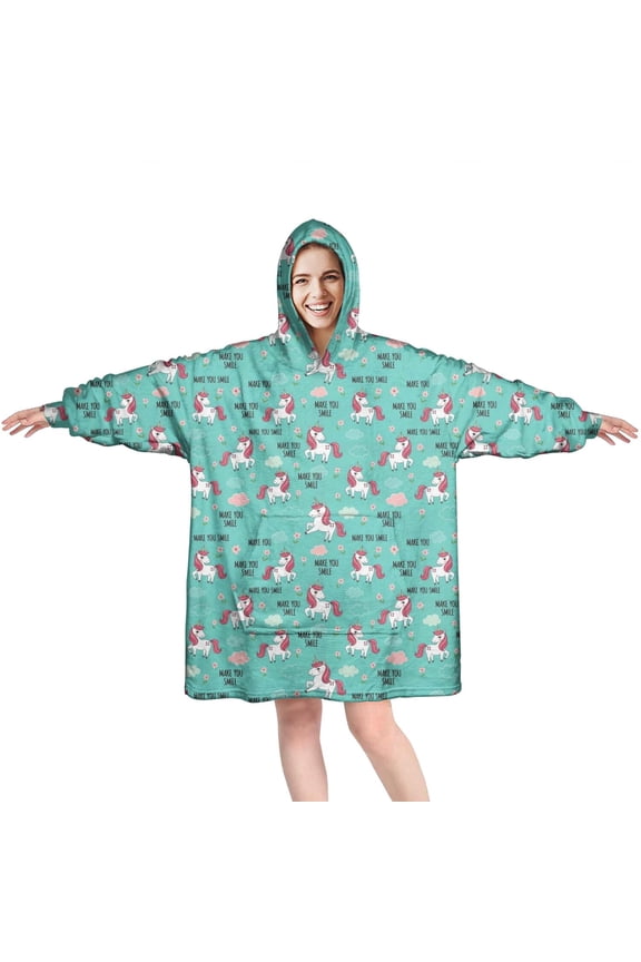 Wearable Oversized Blanket,Turquoise Cartoon Unicorn Wearable Blanket Hoodie for Adults,Cozy Hooded Blankets with Super Pockets,Super Warm Fuzzy Pullover for Women & Men
