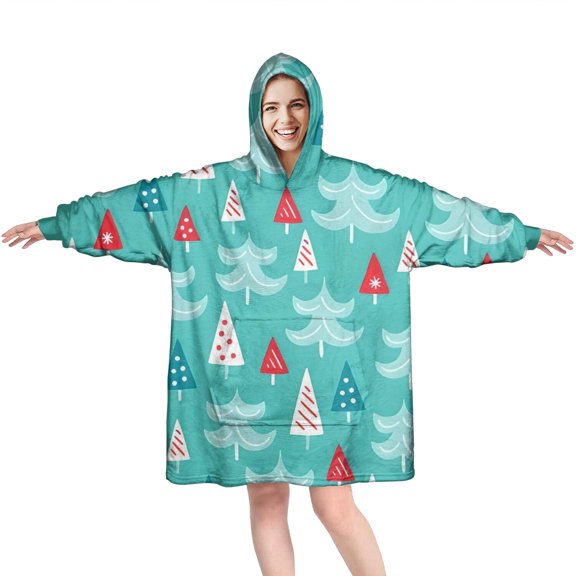Wearable Oversized Blanket,Turquoise Christmas Tree Pattern Wearable Blanket Hoodie for Adults,Cozy Hooded Blankets with Super Pockets,Super Warm Fuzzy Pullover for Women & Men