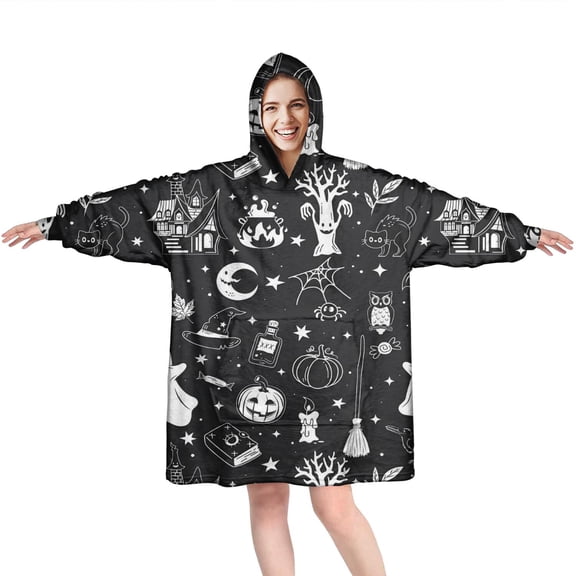 Wearable Oversized Blanket,Vintage Halloween Elements Pattern Wearable Blanket Hoodie for Adults,Cozy Hooded Blankets with Super Pockets,Super Warm Fuzzy Pullover for Women & Men