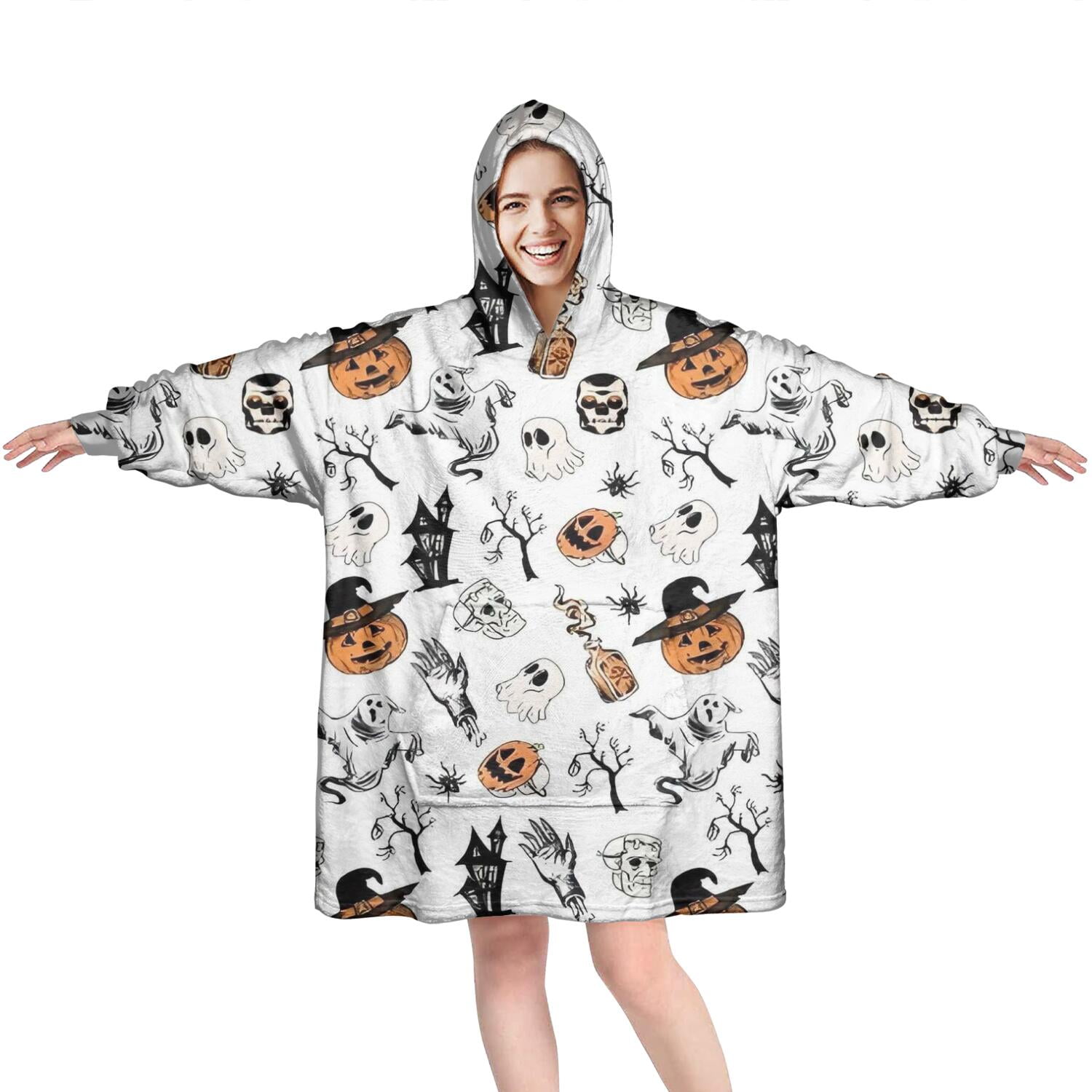 Wearable Oversized Blanket,Vintage Halloween Pattern Wearable Blanket Hoodie for Adults,Cozy Hooded Blankets with Super Pockets,Super Warm Fuzzy Pullover for Women & Men