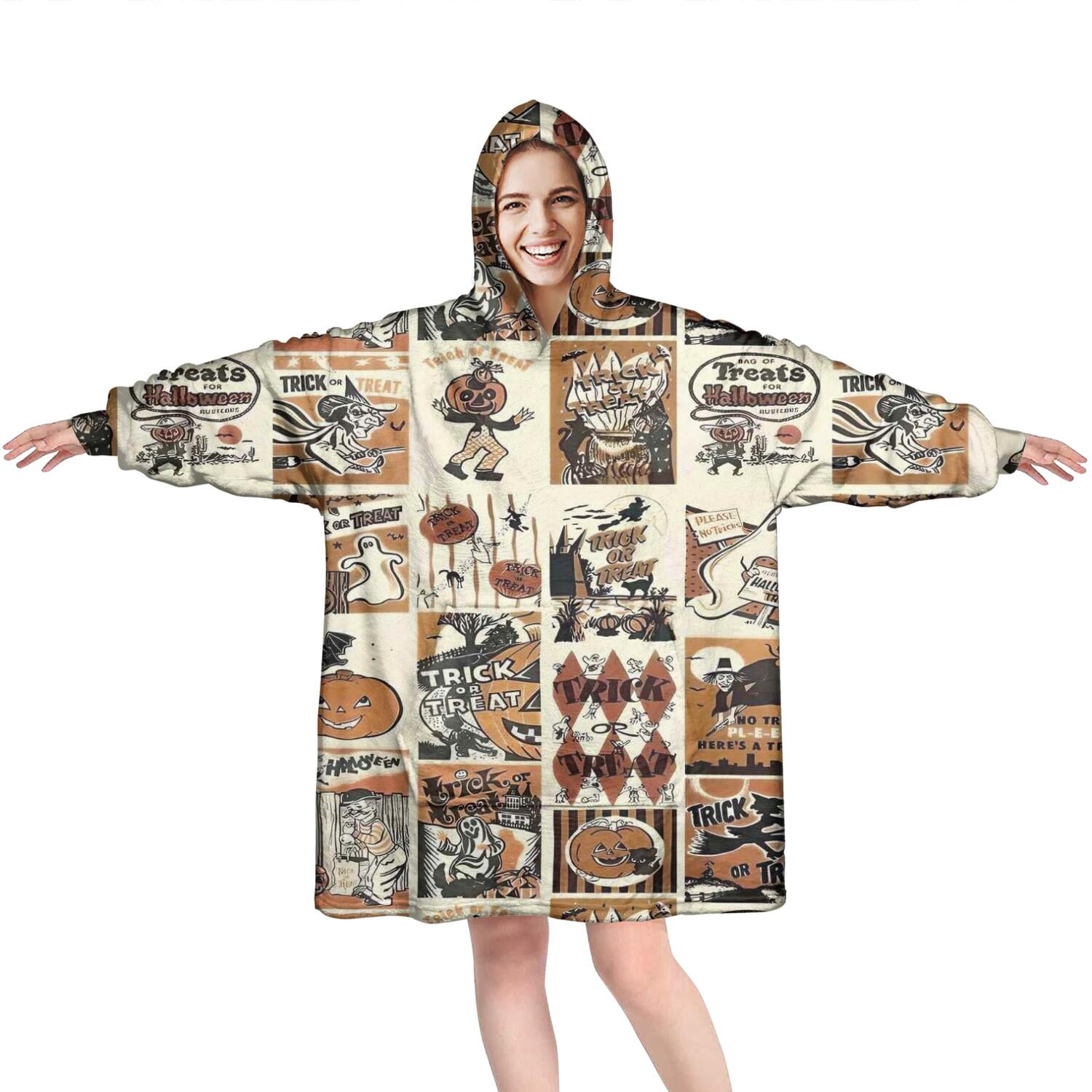 Wearable Oversized Blanket,Vintage Halloween Poster Pattern Wearable Blanket Hoodie for Adults,Cozy Hooded Blankets with Super Pockets,Super Warm Fuzzy Pullover for Women & Men