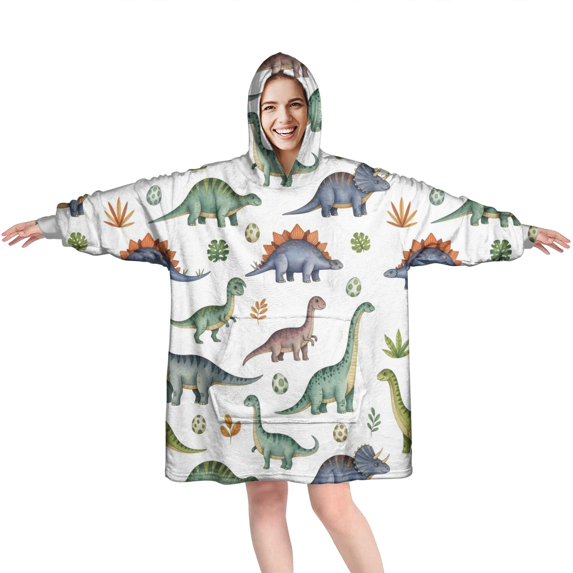 Wearable Oversized Blanket,Watercolor Dinosaurs Eggs Plants Pattern Wearable Blanket Hoodie for Adults,Cozy Hooded Blankets with Super Pockets,Super Warm Fuzzy Pullover for Women & Men