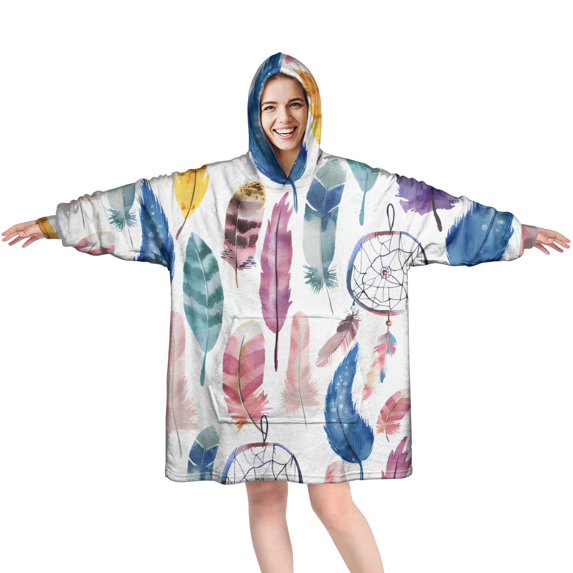 Wearable Oversized Blanket,Watercolor Feather and Dreamcatcher Pattern Wearable Blanket Hoodie for Adults,Cozy Hooded Blankets with Super Pockets,Super Warm Fuzzy Pullover for Women & Men