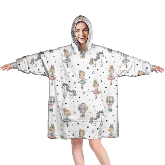 Wearable Oversized Blanket,White Ballerina Unicorn Pattern Wearable Blanket Hoodie for Adults,Cozy Hooded Blankets with Super Pockets,Super Warm Fuzzy Pullover for Women & Men