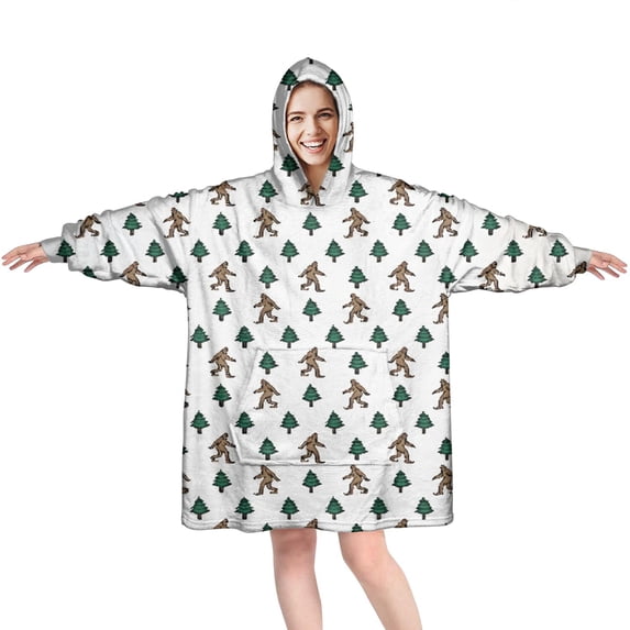 Wearable Oversized Blanket,White Bigfoot and Pine Tree Pattern Wearable Blanket Hoodie for Adults,Cozy Hooded Blankets with Super Pockets,Super Warm Fuzzy Pullover for Women & Men