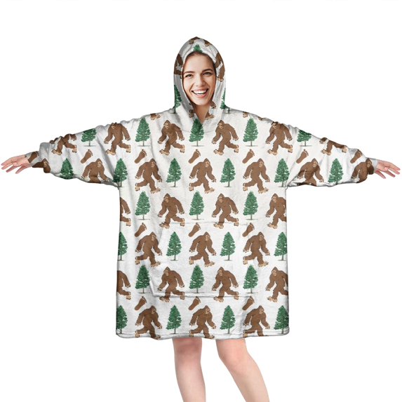 Wearable Oversized Blanket,White Bigfoot and Tree Pattern Wearable Blanket Hoodie for Adults,Cozy Hooded Blankets with Super Pockets,Super Warm Fuzzy Pullover for Women & Men