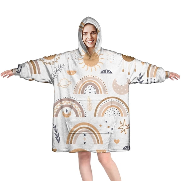 Wearable Oversized Blanket,White Boho Bohemia Rainbow Sun Moon Pattern Wearable Blanket Hoodie for Adults,Cozy Hooded Blankets with Super Pockets,Super Warm Fuzzy Pullover for Women & Men