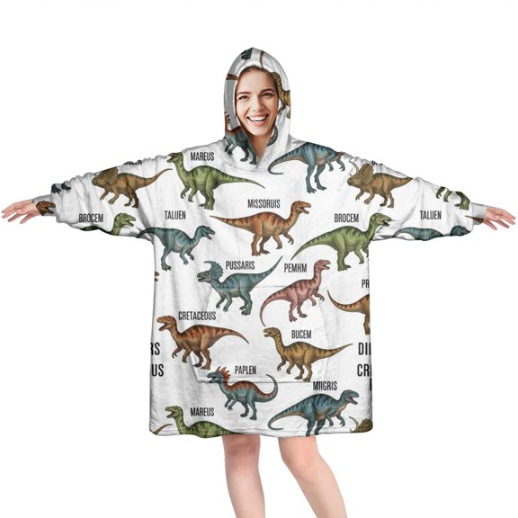 Wearable Oversized Blanket,White Cartoon Cretaceous Dinosaurs Pattern Wearable Blanket Hoodie for Adults,Cozy Hooded Blankets with Super Pockets,Super Warm Fuzzy Pullover for Women & Men