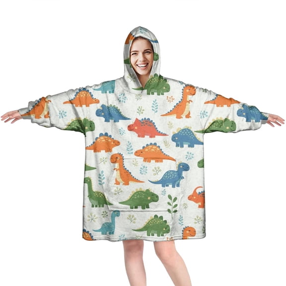 Wearable Oversized Blanket,White Cartoon Cute Dinosaurs Pattern Wearable Blanket Hoodie for Adults,Cozy Hooded Blankets with Super Pockets,Super Warm Fuzzy Pullover for Women & Men