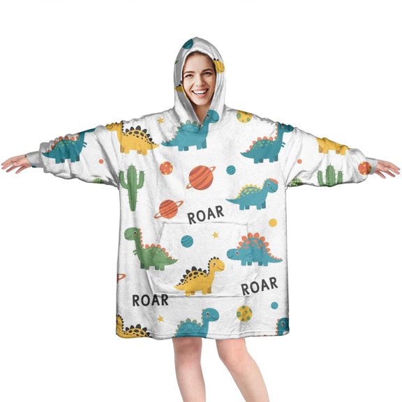 Wearable Oversized Blanket,White Cartoon Dinosaurs Cacti Planets Pattern Wearable Blanket Hoodie for Adults,Cozy Hooded Blankets with Super Pockets,Super Warm Fuzzy Pullover for Women & Men