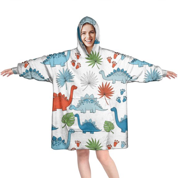 Wearable Oversized Blanket,White Cartoon Dinosaurs Leaves Footprints Pattern Wearable Blanket Hoodie for Adults,Cozy Hooded Blankets with Super Pockets,Super Warm Fuzzy Pullover for Women & Men