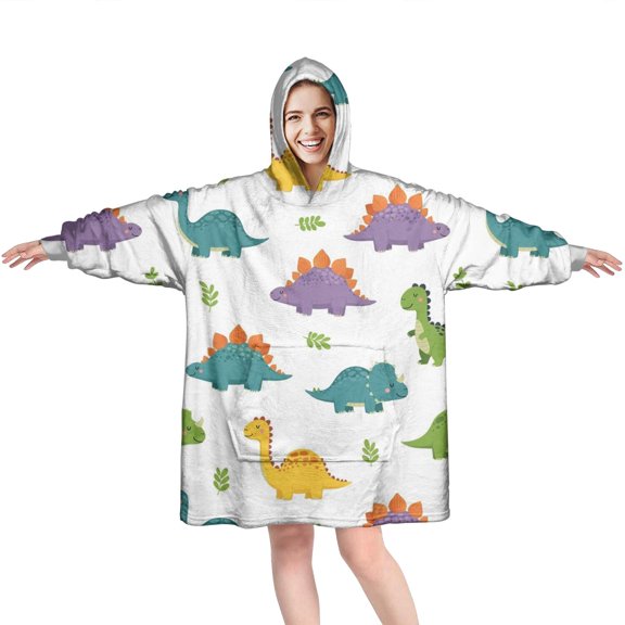 Wearable Oversized Blanket,White Cartoon Dinosaurs Leaves Pattern Wearable Blanket Hoodie for Adults,Cozy Hooded Blankets with Super Pockets,Super Warm Fuzzy Pullover for Women & Men