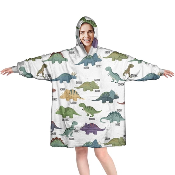Wearable Oversized Blanket,White Cartoon Dinosaurs Names Pattern Wearable Blanket Hoodie for Adults,Cozy Hooded Blankets with Super Pockets,Super Warm Fuzzy Pullover for Women & Men
