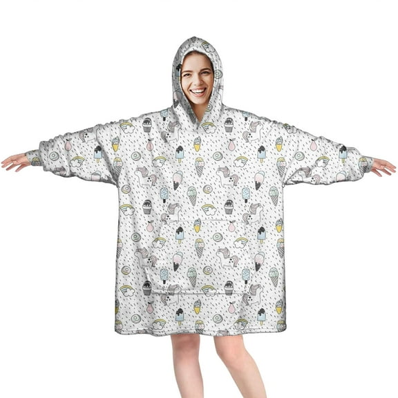 Wearable Oversized Blanket,White Cartoon Unicorn Ice Cream Pattern Wearable Blanket Hoodie for Adults,Cozy Hooded Blankets with Super Pockets,Super Warm Fuzzy Pullover for Women & Men