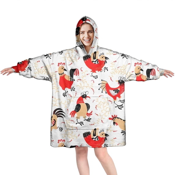 Wearable Oversized Blanket,White Chicken Folk Pattern Wearable Blanket Hoodie for Adults,Cozy Hooded Blankets with Super Pockets,Super Warm Fuzzy Pullover for Women & Men