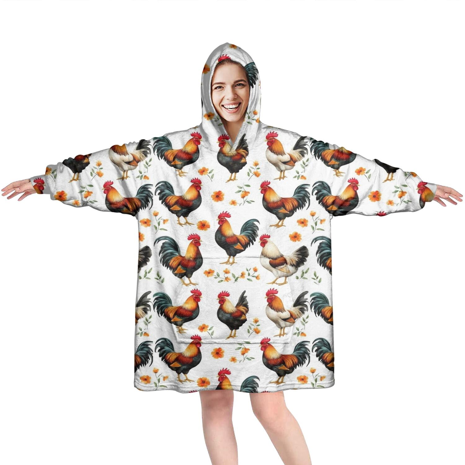 Wearable Oversized Blanket,White Chicken Orange Flower Pattern Wearable Blanket Hoodie for Adults,Cozy Hooded Blankets with Super Pockets,Super Warm Fuzzy Pullover for Women & Men