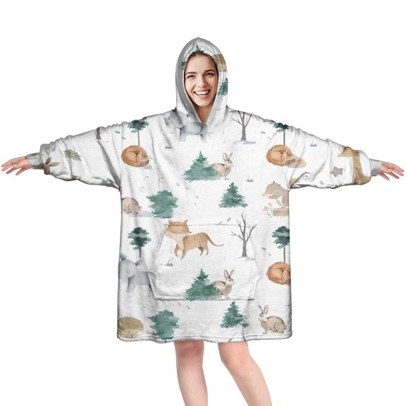 Wearable Oversized Blanket,White Christmas Forest Animal Pattern Wearable Blanket Hoodie for Adults,Cozy Hooded Blankets with Super Pockets,Super Warm Fuzzy Pullover for Women & Men