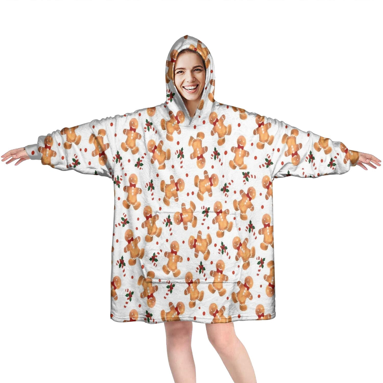 Wearable Oversized Blanket,White Christmas Gingerbread Man Pattern Wearable Blanket Hoodie for Adults,Cozy Hooded Blankets with Super Pockets,Super Warm Fuzzy Pullover for Women & Men