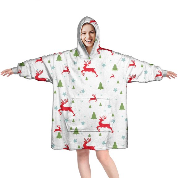 Wearable Oversized Blanket,White Christmas Reindeer and Tree Pattern Wearable Blanket Hoodie for Adults,Cozy Hooded Blankets with Super Pockets,Super Warm Fuzzy Pullover for Women & Men