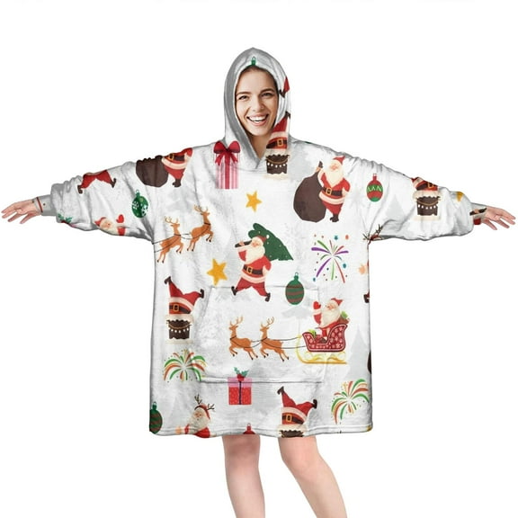 Wearable Oversized Blanket,White Christmas Santa and Gift Pattern Wearable Blanket Hoodie for Adults,Cozy Hooded Blankets with Super Pockets,Super Warm Fuzzy Pullover for Women & Men