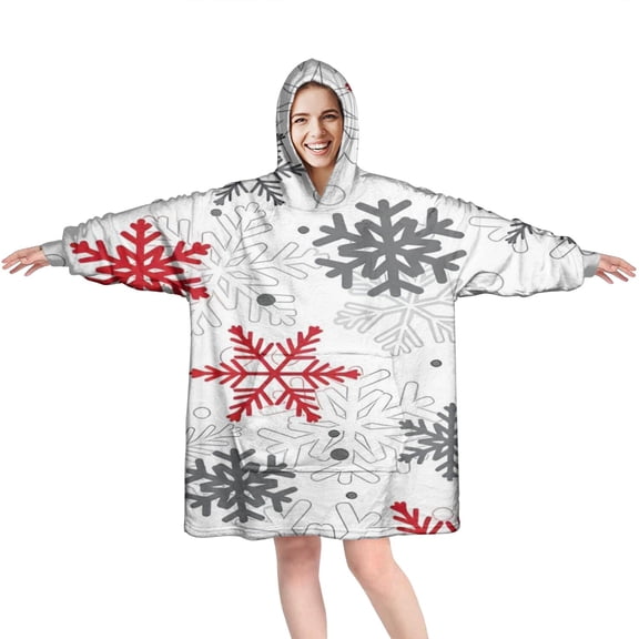 Wearable Oversized Blanket,White Christmas Snowflake Pattern Wearable Blanket Hoodie for Adults,Cozy Hooded Blankets with Super Pockets,Super Warm Fuzzy Pullover for Women & Men