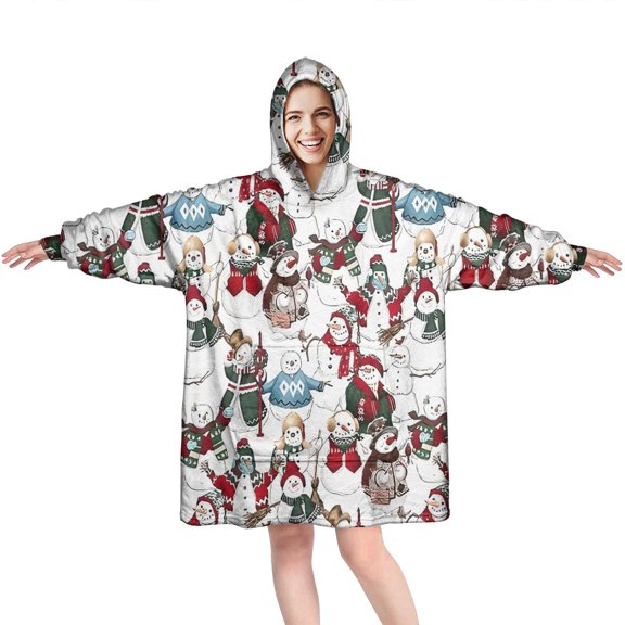 Wearable Oversized Blanket,White Christmas Snowman Pattern Wearable Blanket Hoodie for Adults,Cozy Hooded Blankets with Super Pockets,Super Warm Fuzzy Pullover for Women & Men