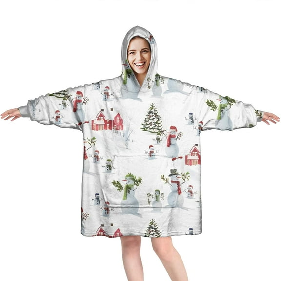 Wearable Oversized Blanket,White Christmas Snowman Pattern Wearable Blanket Hoodie for Adults,Cozy Hooded Blankets with Super Pockets,Super Warm Fuzzy Pullover for Women & Men
