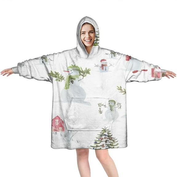 Wearable Oversized Blanket,White Christmas Snowman Pattern Wearable Blanket Hoodie for Adults,Cozy Hooded Blankets with Super Pockets,Super Warm Fuzzy Pullover for Women & Men