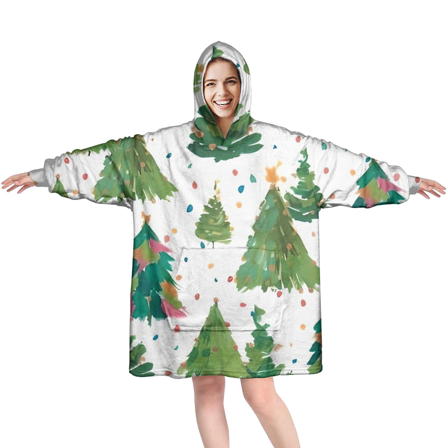 Wearable Oversized Blanket,White Christmas Watercolor Tree Pattern Wearable Blanket Hoodie for Adults,Cozy Hooded Blankets with Super Pockets,Super Warm Fuzzy Pullover for Women & Men