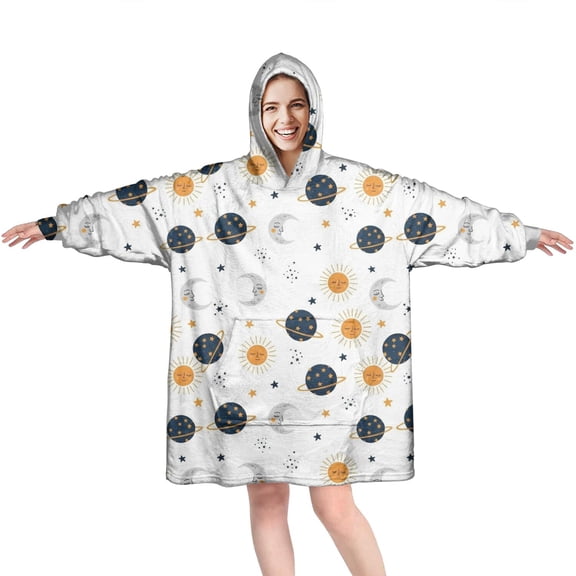 Wearable Oversized Blanket,White Cosmic Pattern Wearable Blanket Hoodie for Adults,Cozy Hooded Blankets with Super Pockets,Super Warm Fuzzy Pullover for Women & Men