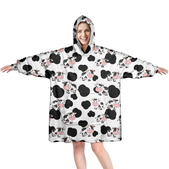 Wearable Oversized Blanket,White Cow Black Cloud Pattern Wearable Blanket Hoodie for Adults,Cozy Hooded Blankets with Super Pockets,Super Warm Fuzzy Pullover for Women & Men