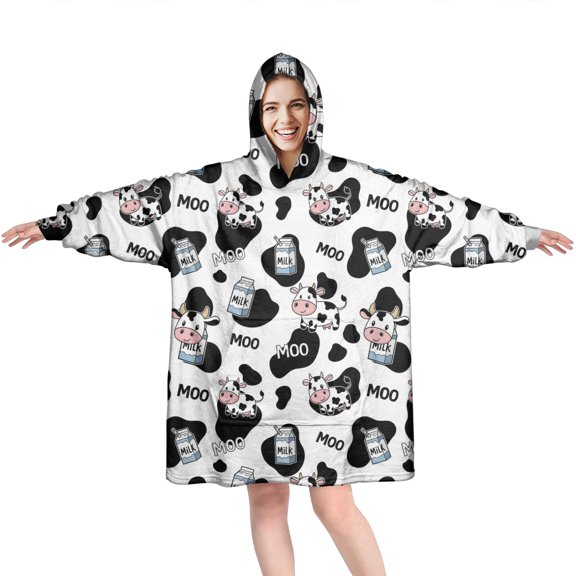 Wearable Oversized Blanket,White Cow Black Spot Milk Pattern Wearable Blanket Hoodie for Adults,Cozy Hooded Blankets with Super Pockets,Super Warm Fuzzy Pullover for Women & Men