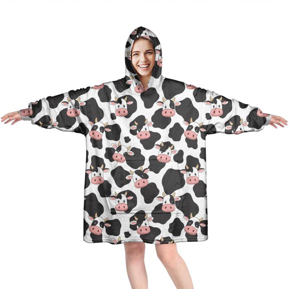 Wearable Oversized Blanket,White Cow Black Spot Pattern Wearable Blanket Hoodie for Adults,Cozy Hooded Blankets with Super Pockets,Super Warm Fuzzy Pullover for Women & Men