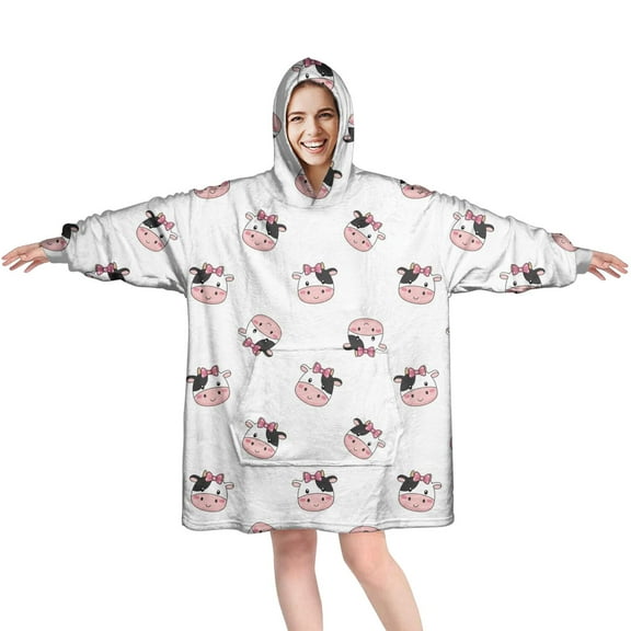 Wearable Oversized Blanket,White Cow Bow Pattern Wearable Blanket Hoodie for Adults,Cozy Hooded Blankets with Super Pockets,Super Warm Fuzzy Pullover for Women & Men