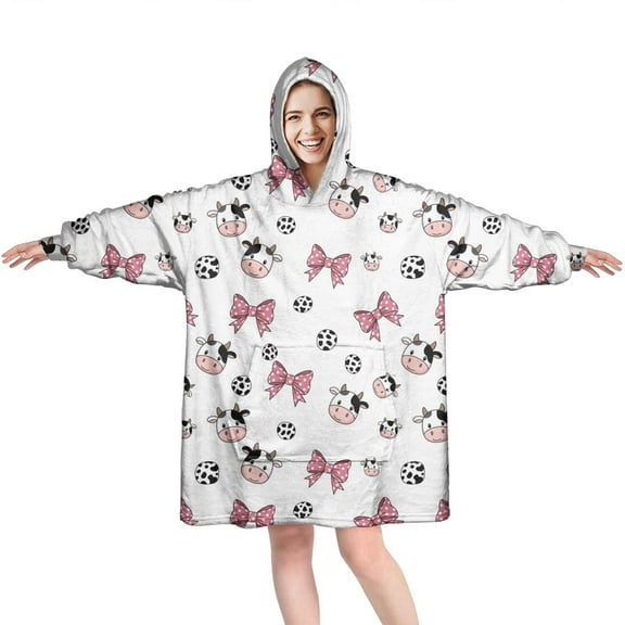 Wearable Oversized Blanket,White Cow Bow Pattern Wearable Blanket Hoodie for Adults,Cozy Hooded Blankets with Super Pockets,Super Warm Fuzzy Pullover for Women & Men