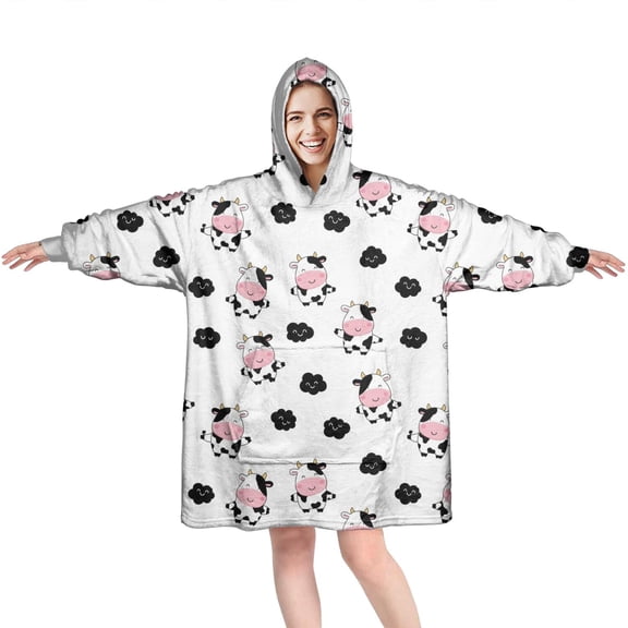 Wearable Oversized Blanket,White Cow Cloud Pattern Wearable Blanket Hoodie for Adults,Cozy Hooded Blankets with Super Pockets,Super Warm Fuzzy Pullover for Women & Men
