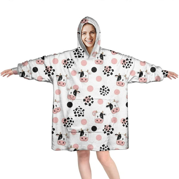 Wearable Oversized Blanket,White Cow Dot Pattern Wearable Blanket Hoodie for Adults,Cozy Hooded Blankets with Super Pockets,Super Warm Fuzzy Pullover for Women & Men