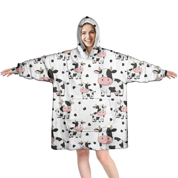 Wearable Oversized Blanket,White Cow Family Spot Pattern Wearable Blanket Hoodie for Adults,Cozy Hooded Blankets with Super Pockets,Super Warm Fuzzy Pullover for Women & Men