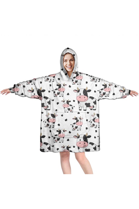 Wearable Oversized Blanket,White Cow Family Spot Pattern Wearable Blanket Hoodie for Adults,Cozy Hooded Blankets with Super Pockets,Super Warm Fuzzy Pullover for Women & Men
