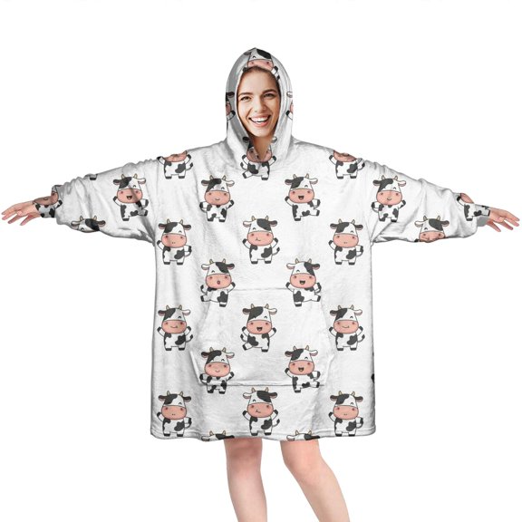 Wearable Oversized Blanket,White Cow Happy Pattern Wearable Blanket Hoodie for Adults,Cozy Hooded Blankets with Super Pockets,Super Warm Fuzzy Pullover for Women & Men
