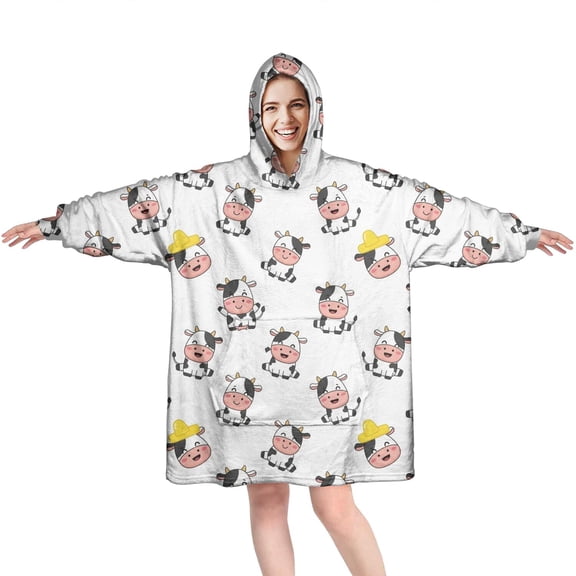 Wearable Oversized Blanket,White Cow Happy Pattern Wearable Blanket Hoodie for Adults,Cozy Hooded Blankets with Super Pockets,Super Warm Fuzzy Pullover for Women & Men