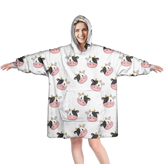 Wearable Oversized Blanket,White Cow Head Pattern Wearable Blanket Hoodie for Adults,Cozy Hooded Blankets with Super Pockets,Super Warm Fuzzy Pullover for Women & Men