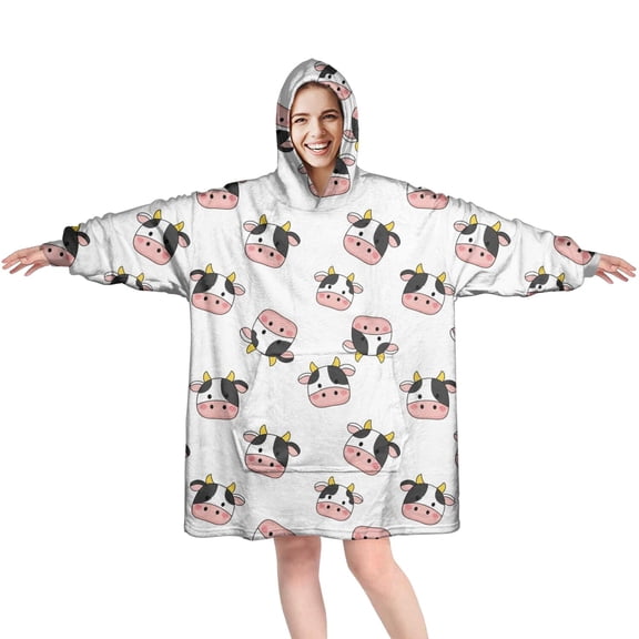 Wearable Oversized Blanket,White Cow Head Pattern Wearable Blanket Hoodie for Adults,Cozy Hooded Blankets with Super Pockets,Super Warm Fuzzy Pullover for Women & Men