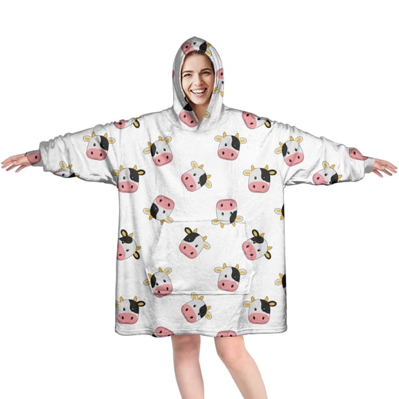 Wearable Oversized Blanket,White Cow Head Pattern Wearable Blanket Hoodie for Adults,Cozy Hooded Blankets with Super Pockets,Super Warm Fuzzy Pullover for Women & Men